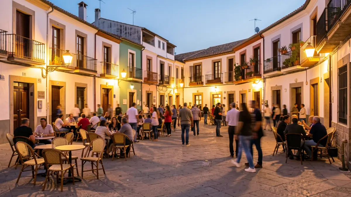 Imagen genérica de una plaza de pueblo valenciano iluminada al atardecer durante una fiesta.