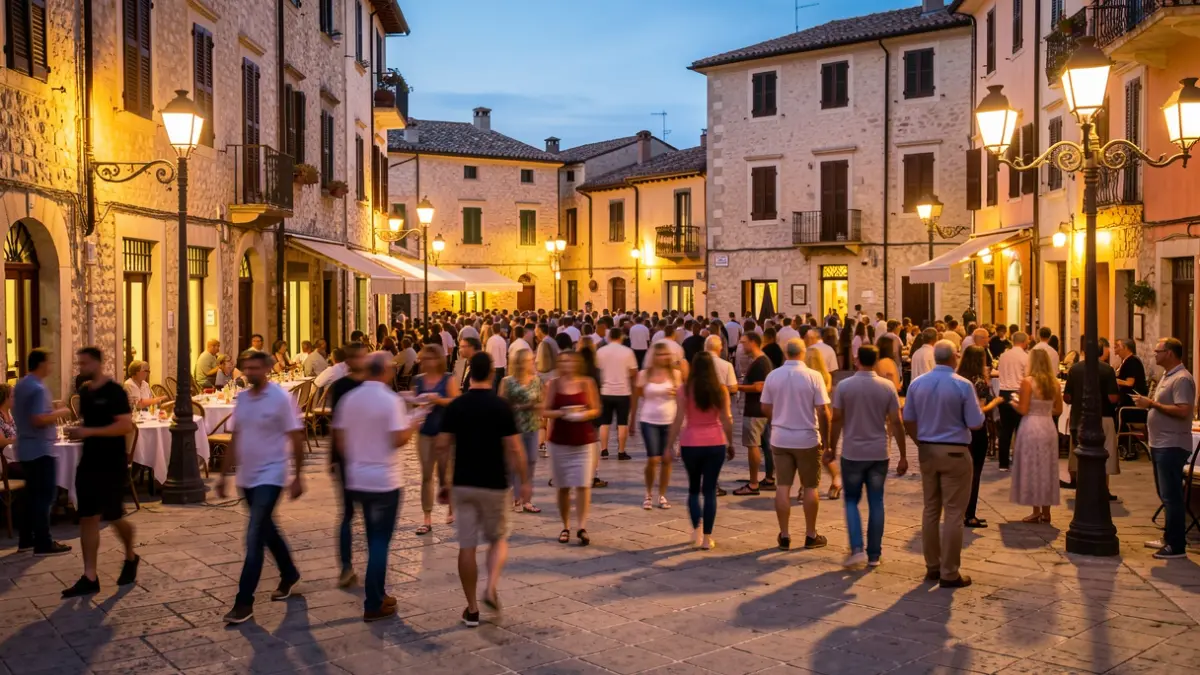 Generic image of a Mediterranean square with people enjoying a nighttime cultural event.