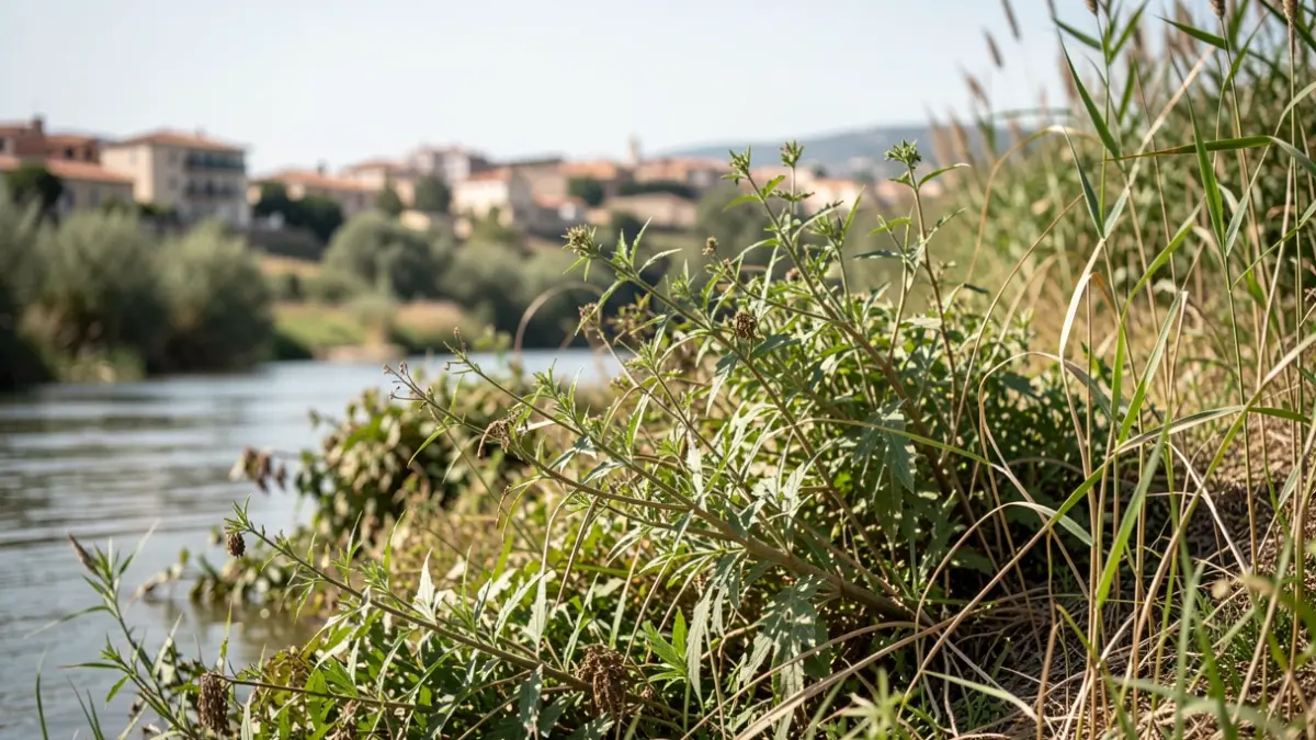 Generic image of accumulated vegetation in a riverbed, suggesting flood risk.