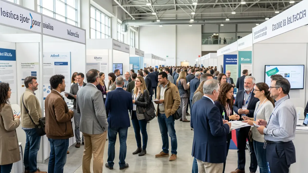 Generic image of a job fair with people interacting with companies.