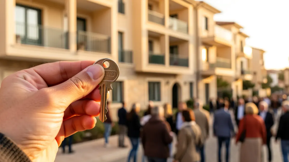 Generic image of a key in front of a residential building.