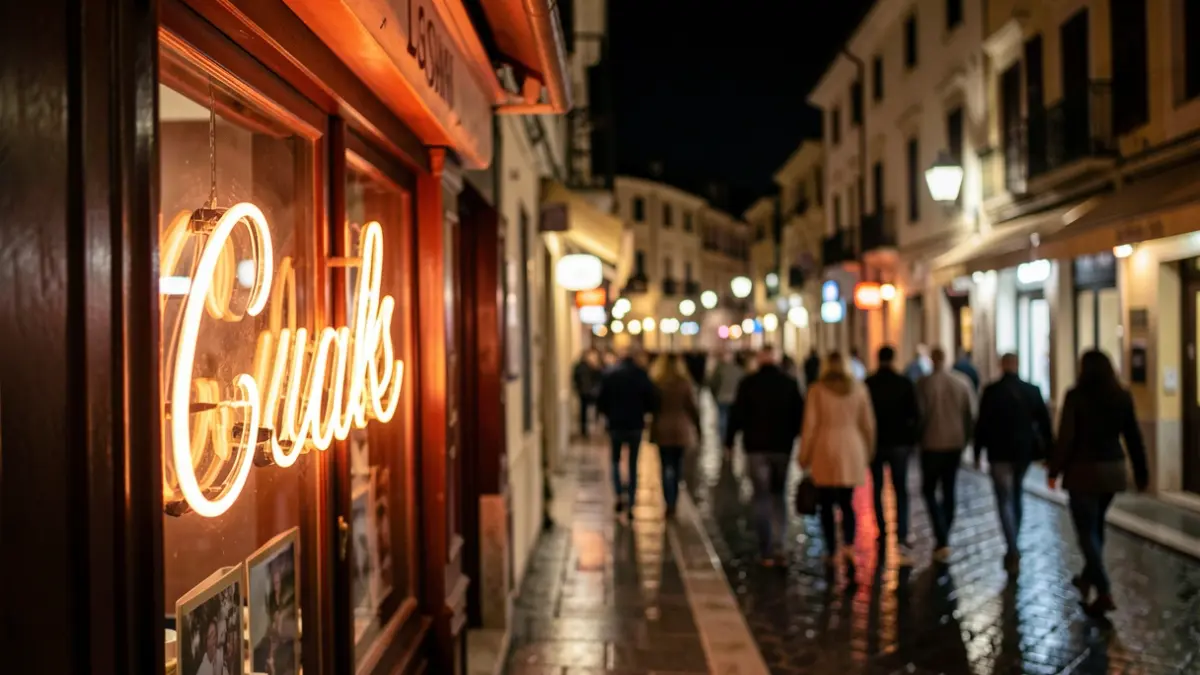 Imagen genérica de un establecimiento nocturno con luces de neón y reflejos en el pavimento mojado.