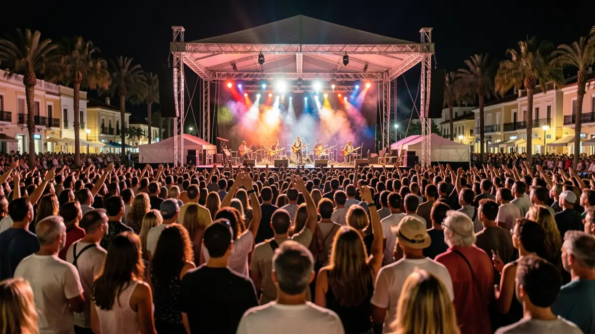 Imatge genèrica d'un concert nocturn amb públic borros i llums a l'escenari.