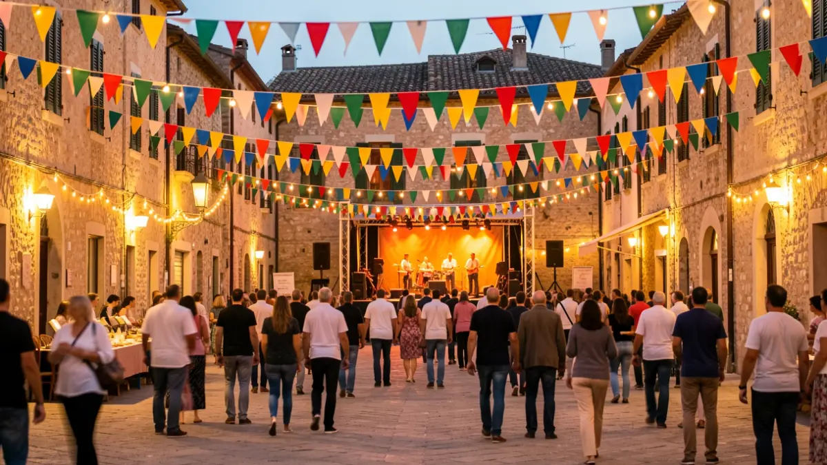 Imatge genèrica d'una plaça de poble valencià decorada per a festes.