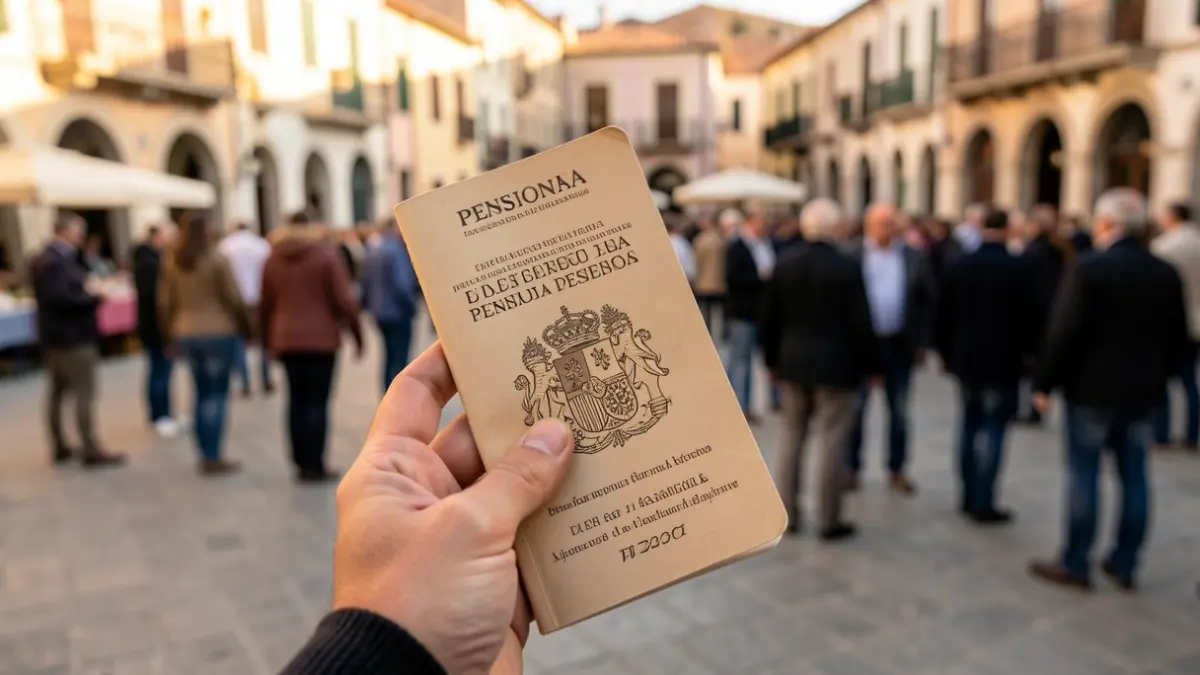 Imagen genérica de un libro de pensiones español con un pueblo mediterráneo al fondo.