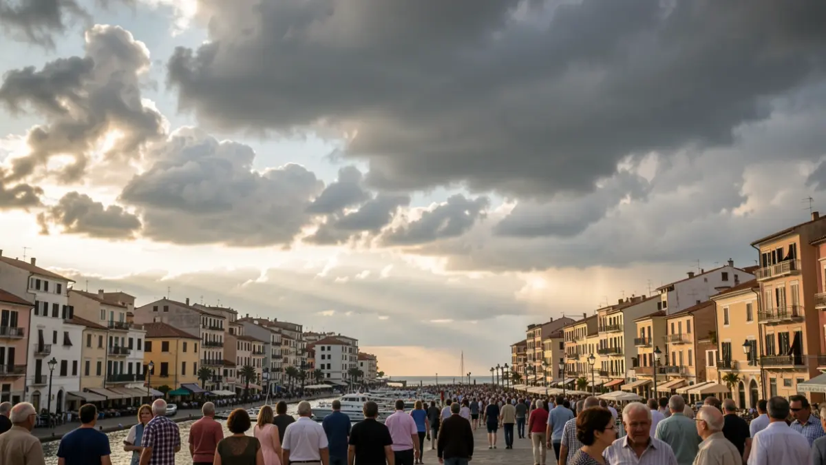 Imatge genèrica d'un cel canviant sobre una localitat costanera mediterrània, amb núvols que suggereixen pluja i calor.