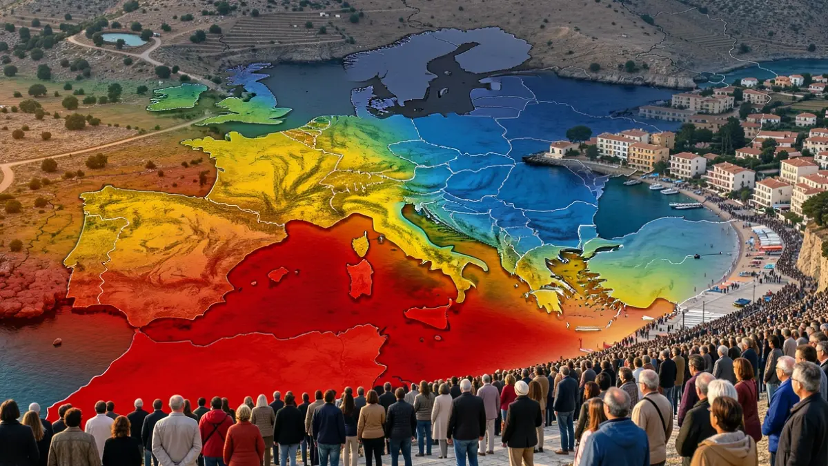 Mapa genèric que mostra un descens dràstic de temperatures en una zona costanera mediterrània.