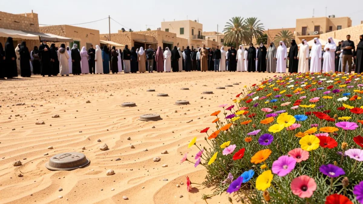 Imagen simbólica de flores contra minas, representando la solidaridad con el pueblo saharaui en la Marina Alta.