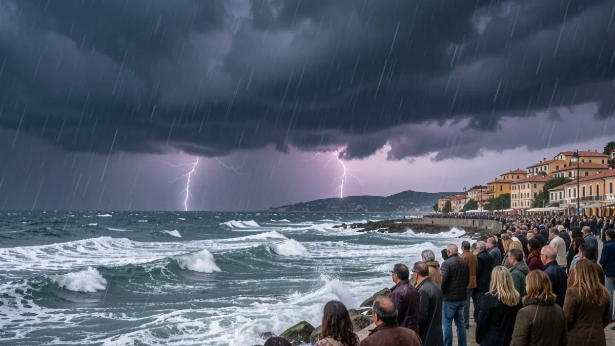 Imatge d'una tempesta d'hivern amb pluges torrencials i vents forts a la costa mediterrània.