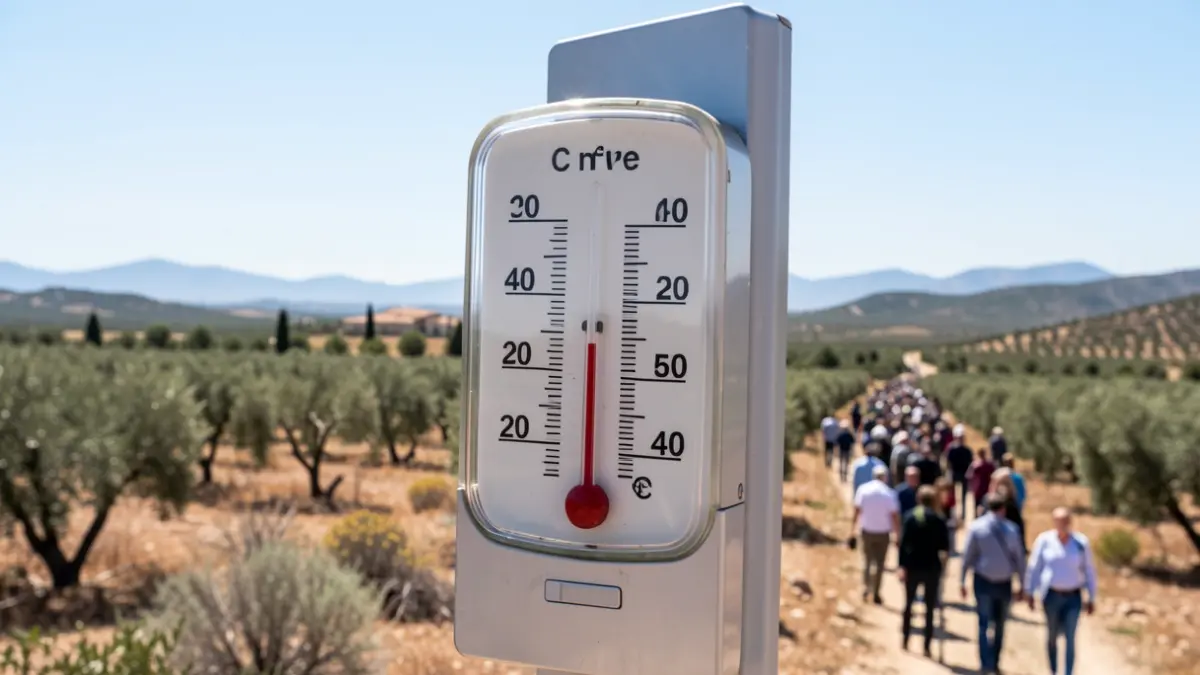 Thermometer showing extreme high temperatures over 40 degrees in a Mediterranean landscape.