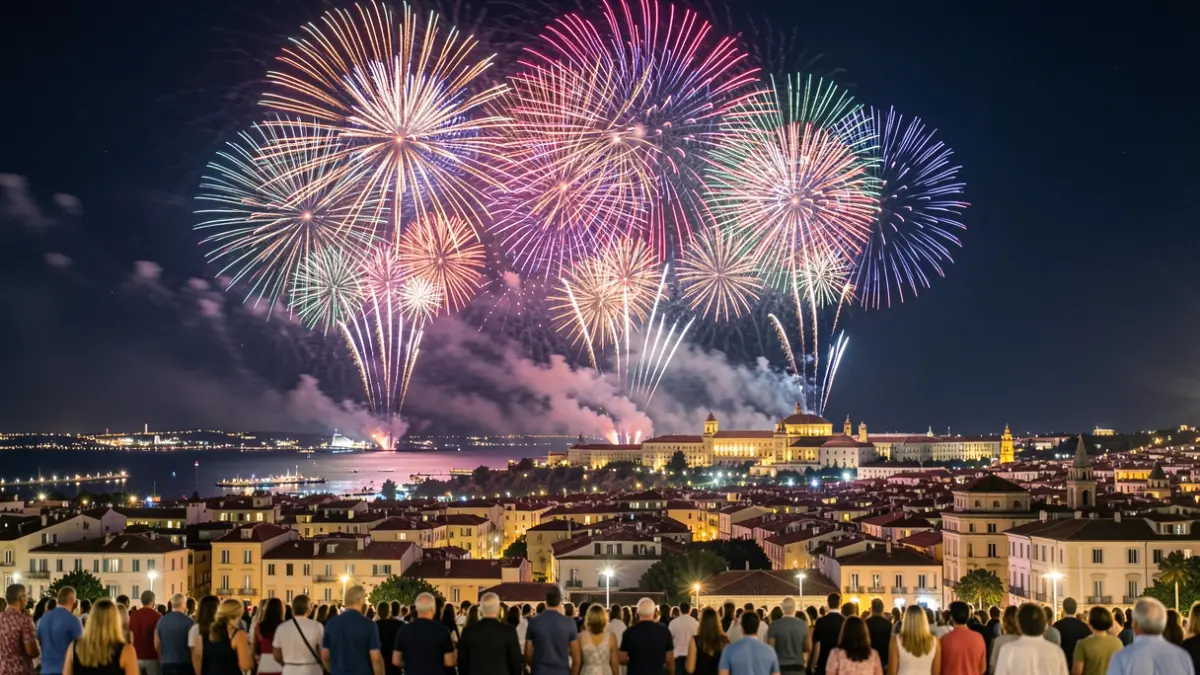 Imatge genèrica de focs artificials i palmeres pirotècniques il·luminant el cel nocturn sobre una ciutat mediterrània.