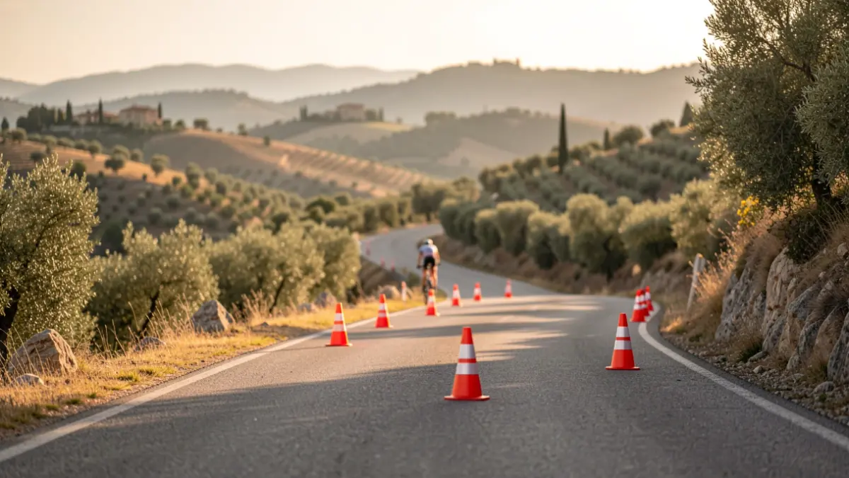 Imatge genèrica d'una carretera escènica amb un ciclista al fons, preparada per a una cursa.