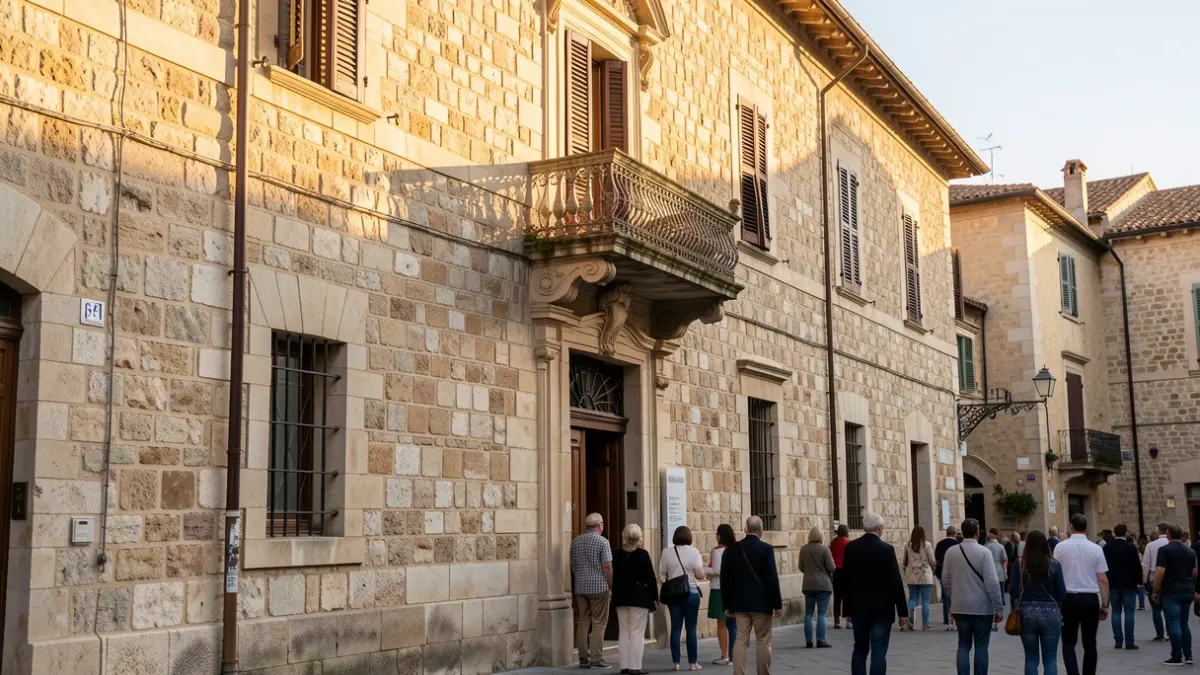 Imatge genèrica d'un edifici patrimonial amb balcó i façana de pedra sota el sol de la vesprada.