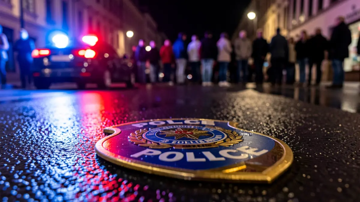 Imagen genérica de luces de emergencia policiales reflejadas en asfalto mojado.