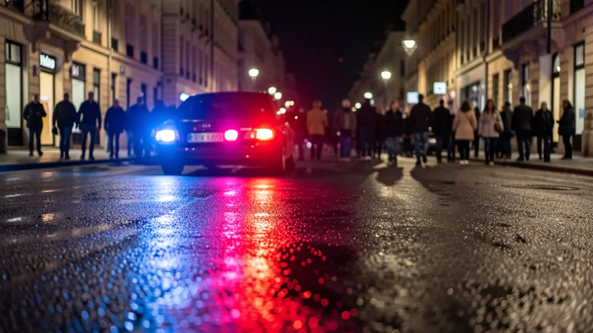 Generic image of police emergency lights reflecting on wet asphalt.