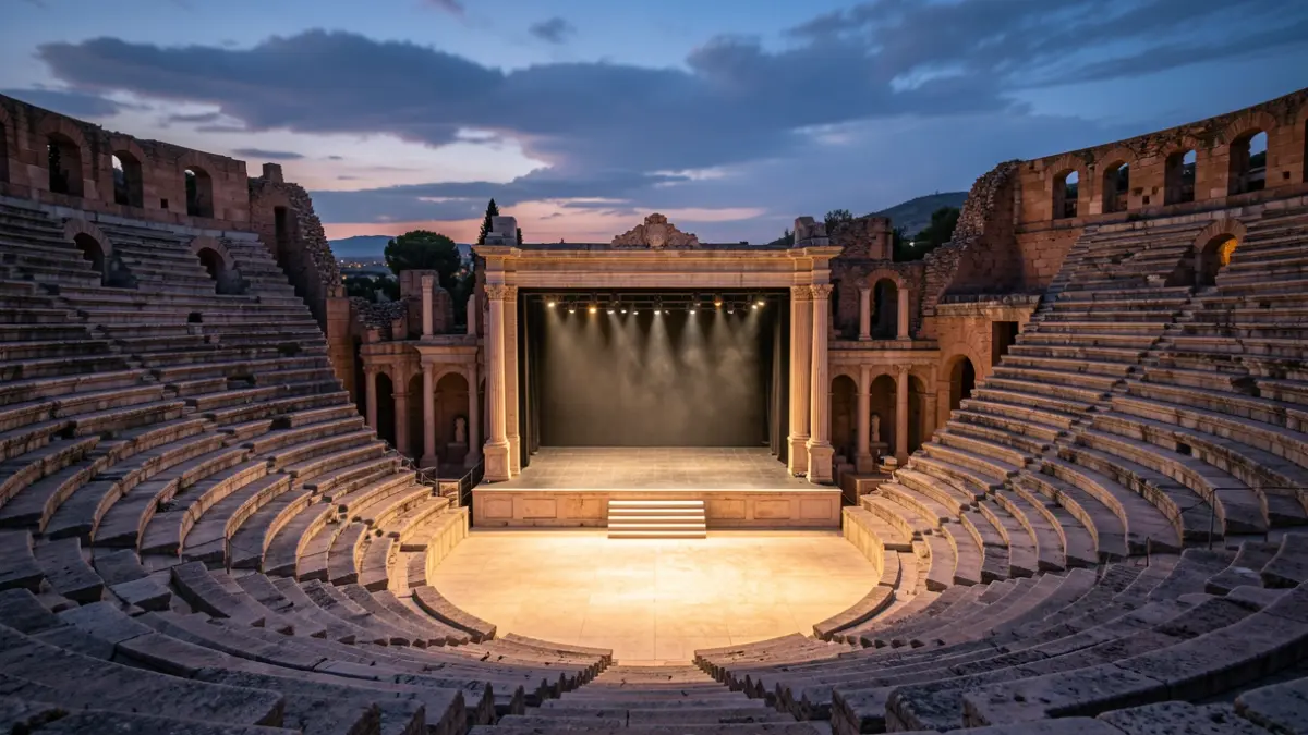 Imagen genérica del Teatro Romano de Sagunto iluminado para una representación teatral.