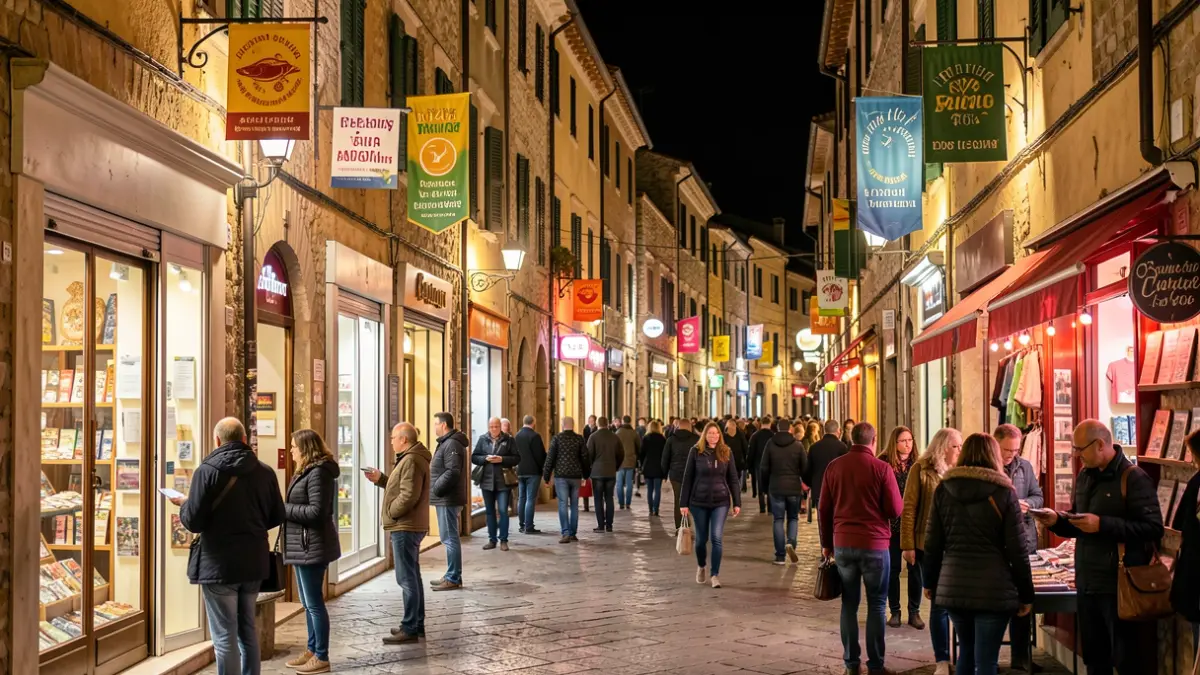 Generic image of a shopping night with open shops and people in the street.