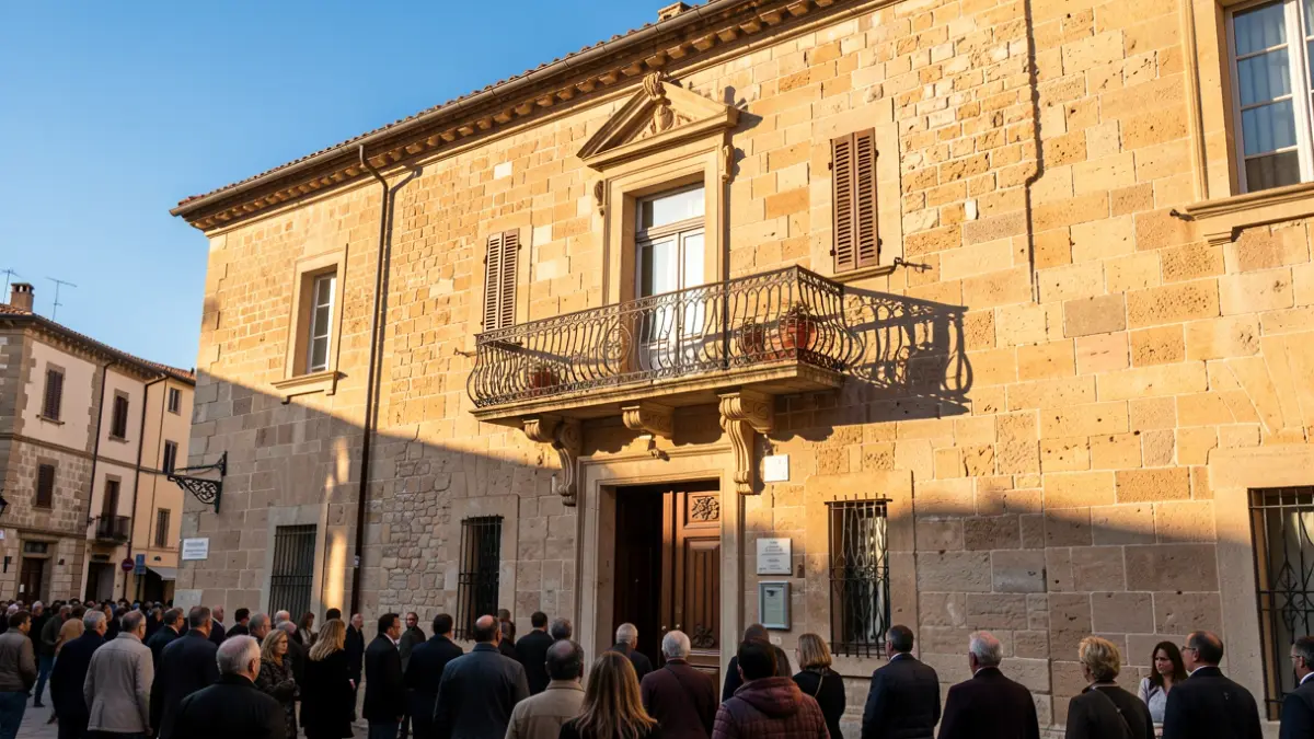 Generic image of a Mediterranean town hall facade with a balcony and iron railings, illuminated by warm afternoon light.