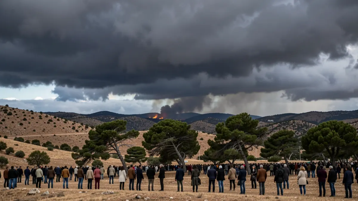 Generic image of a storm with dark clouds over a dry Mediterranean landscape with a slight hint of fire in the background.