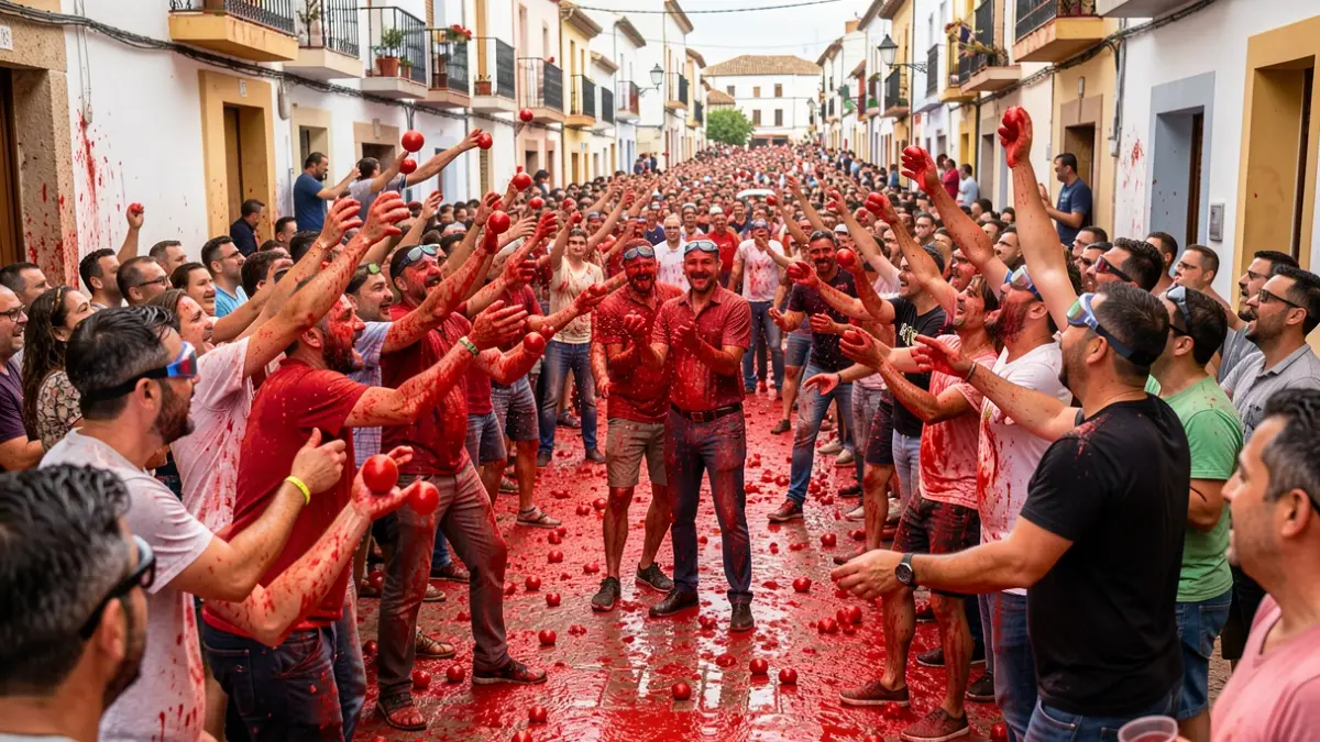 Generic image of the Tomatina festival in Buñol with people throwing tomatoes.