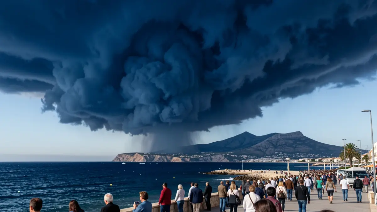 Imagen de un frente de nubes tormentosas con forma de hocico sobre la costa de Dénia.