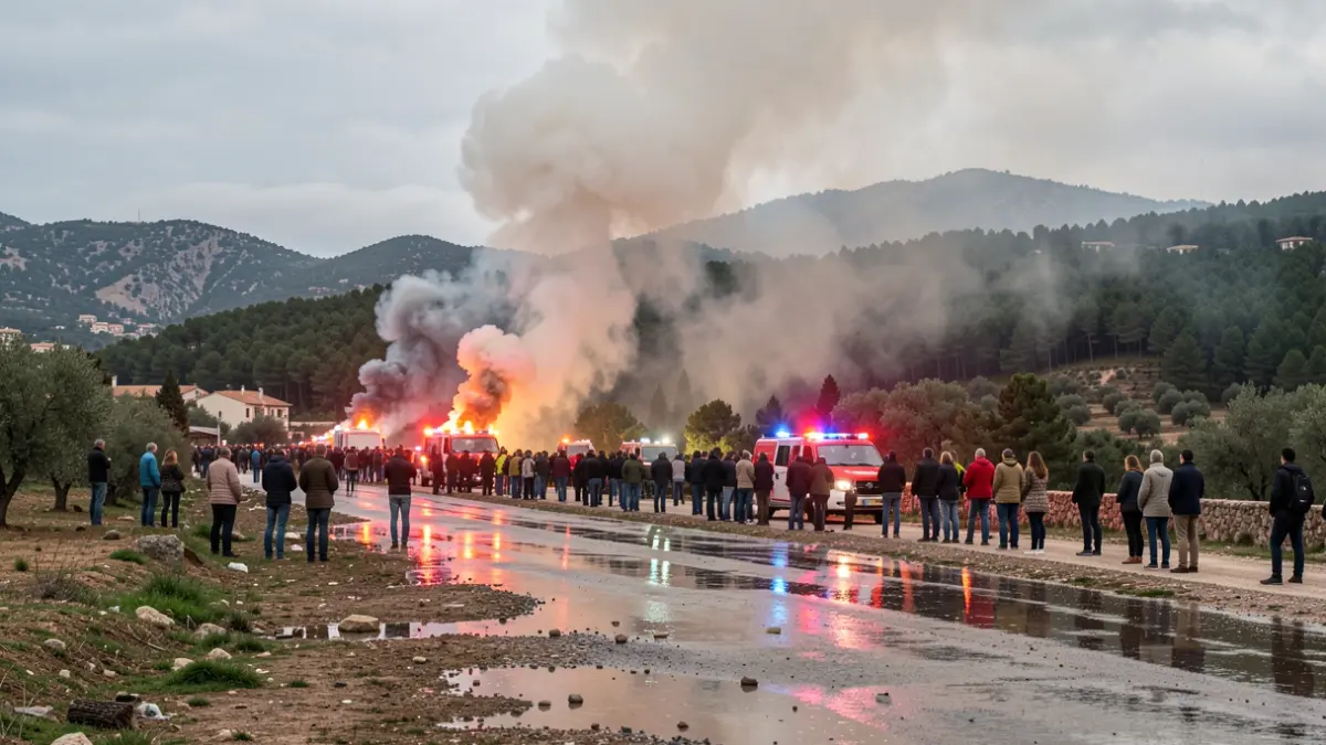 Imatge genèrica d'un incendi forestal a la Serra Calderona amb fum i llums d'emergència.
