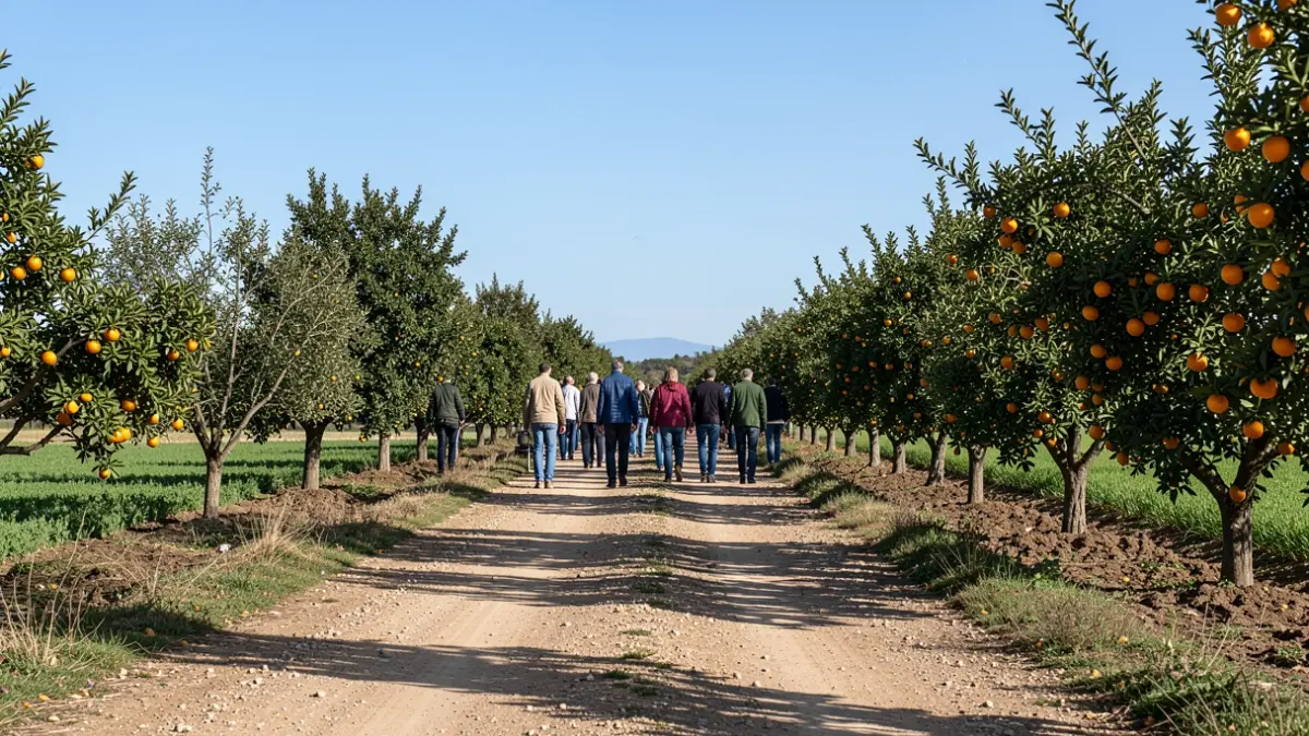 Generic image of a Valencian rural road with fields and orange trees.