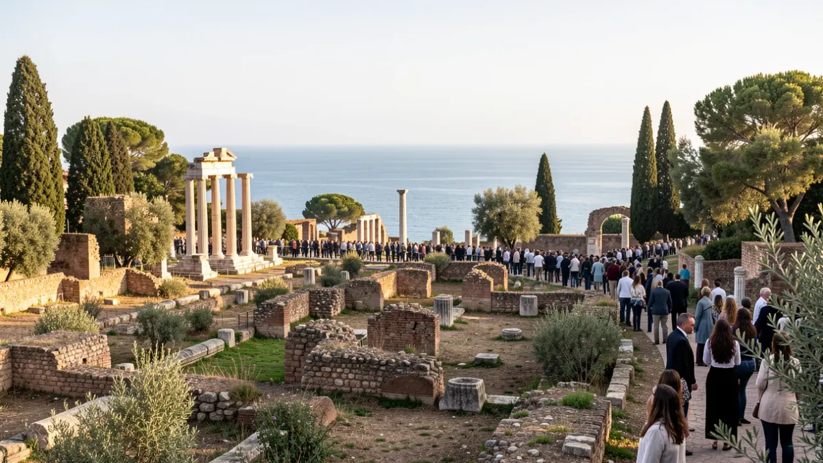 Imagen genérica de ruinas romanas con vegetación mediterránea.