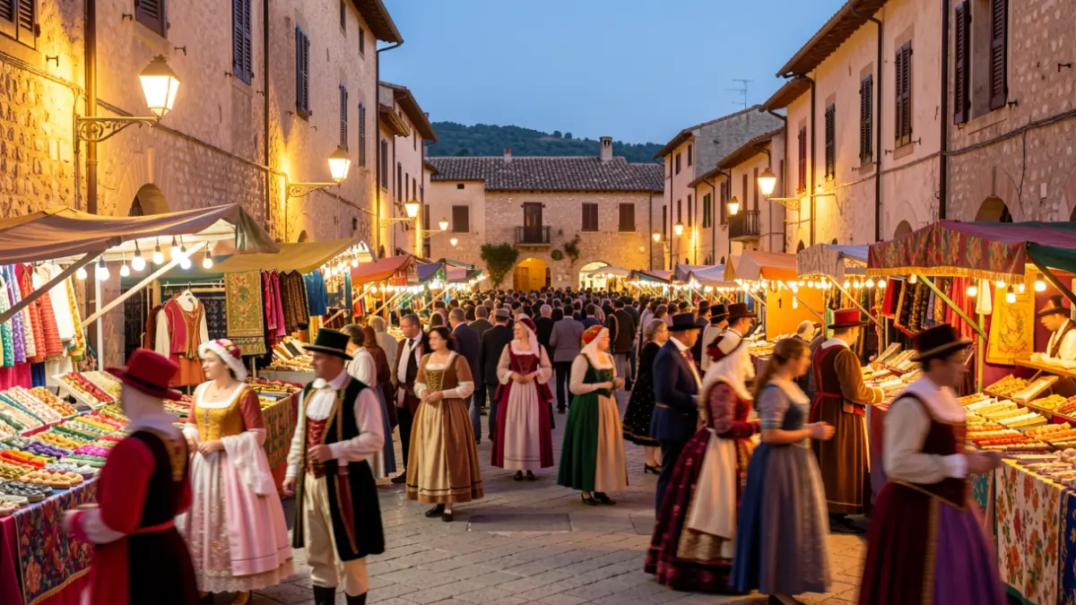 Imatge genèrica d'una plaça de poble mediterrani durant una festa amb gent disfressada.