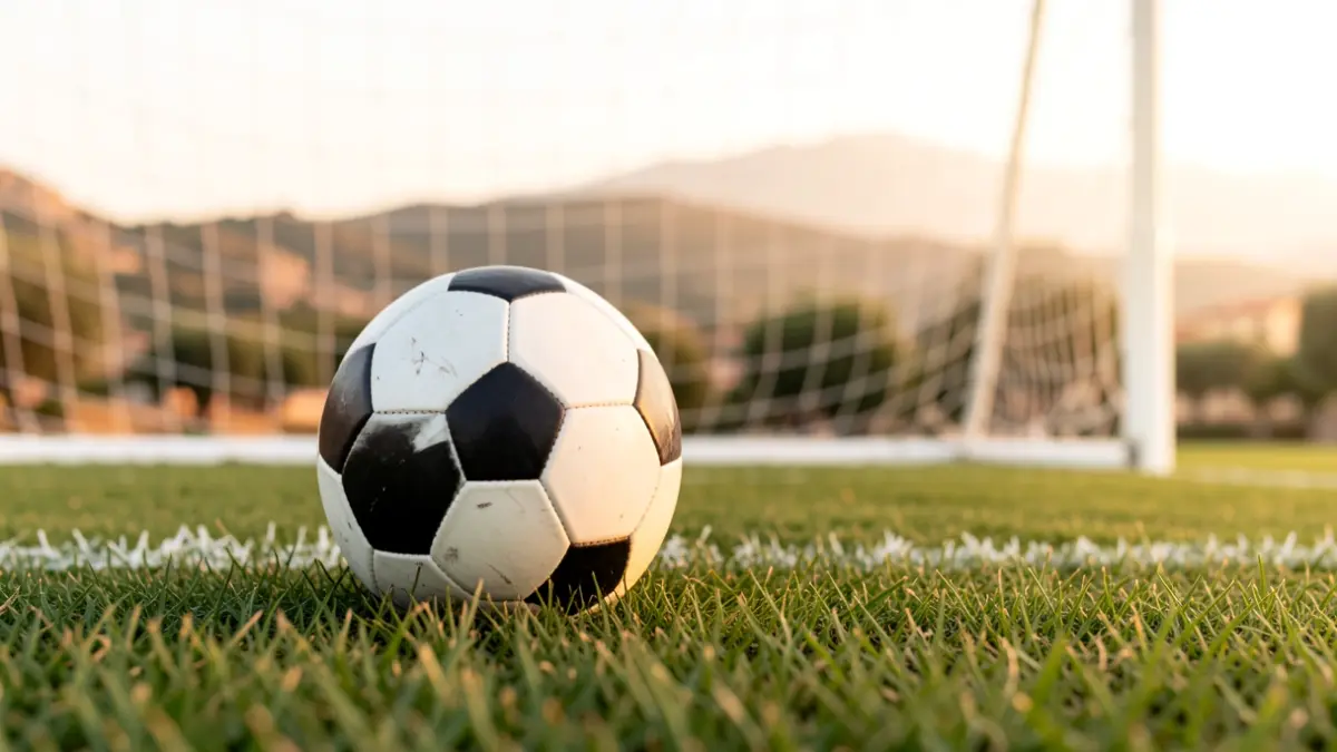 Generic image of a soccer ball on grass with a blurred goal net in the background.