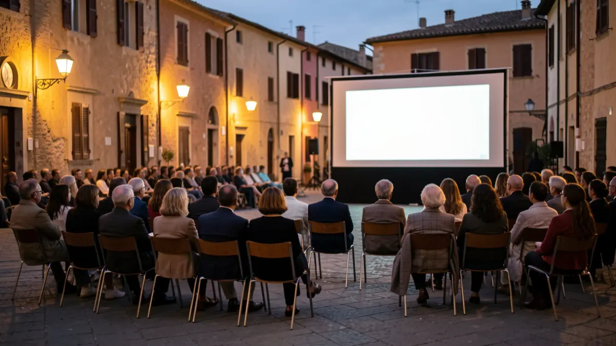 Generic image of a Mediterranean town square with an outdoor cinema screen.