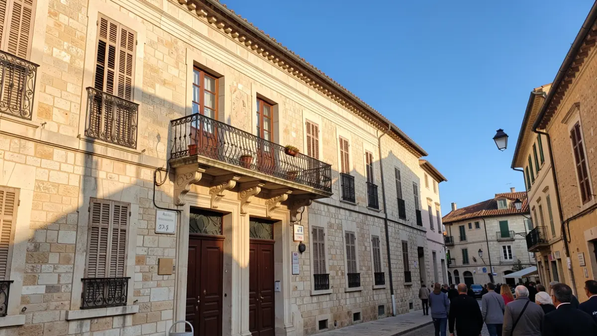Imatge genèrica de la façana d'un ajuntament mediterrani amb balcó de ferro forjat, il·luminat pel sol de la vesprada.