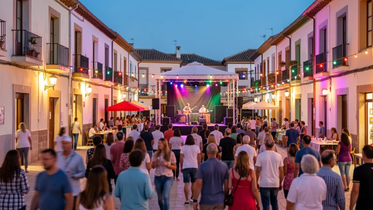 Generic image of a Mediterranean town square illuminated at night, with a festive atmosphere.