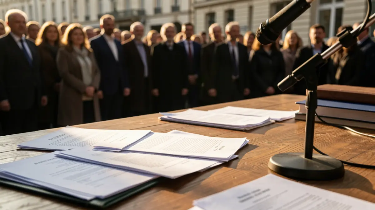 Imatge genèrica d'una taula amb documents i un micròfon.