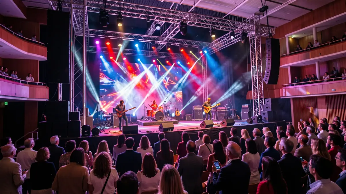 Imagen genérica de un escenario de concierto con instrumentos musicales y luces dinámicas.