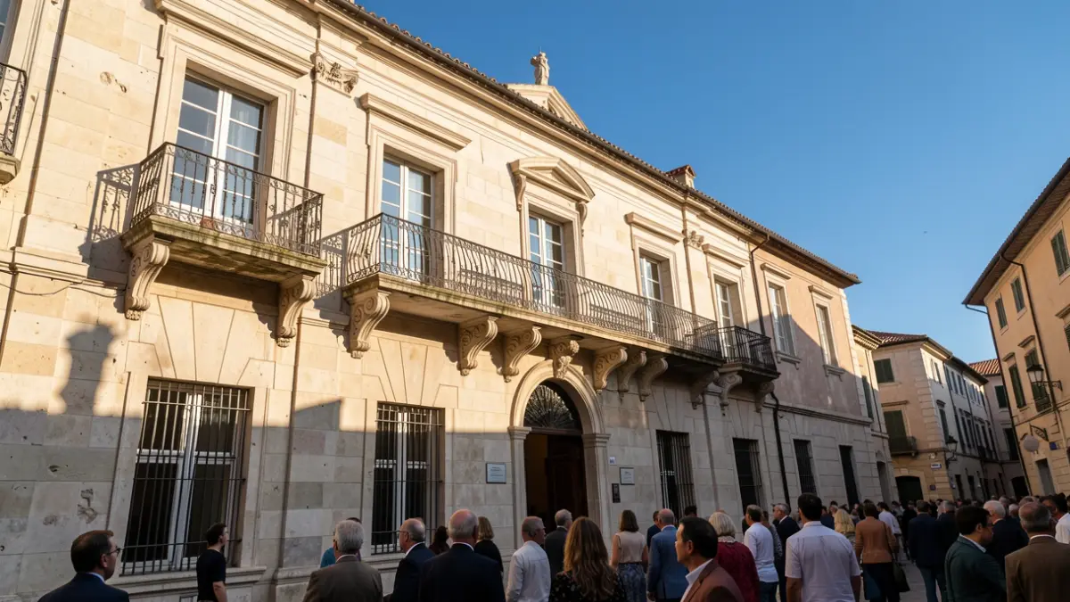 Generic image of a Valencian town hall with a balcony and iron railings, under a blue sky with afternoon sun.