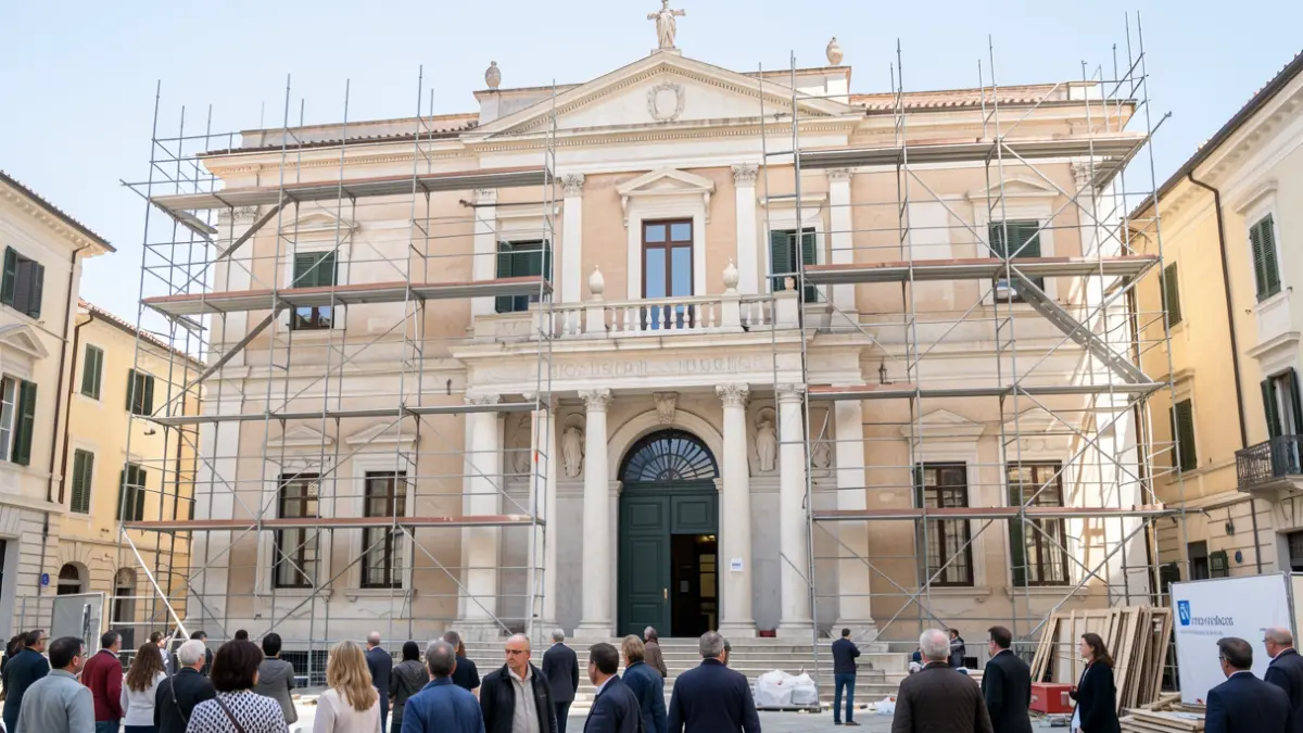 Generic image of a Mediterranean town hall facade undergoing renovation, highlighting the preservation of its historical architecture.