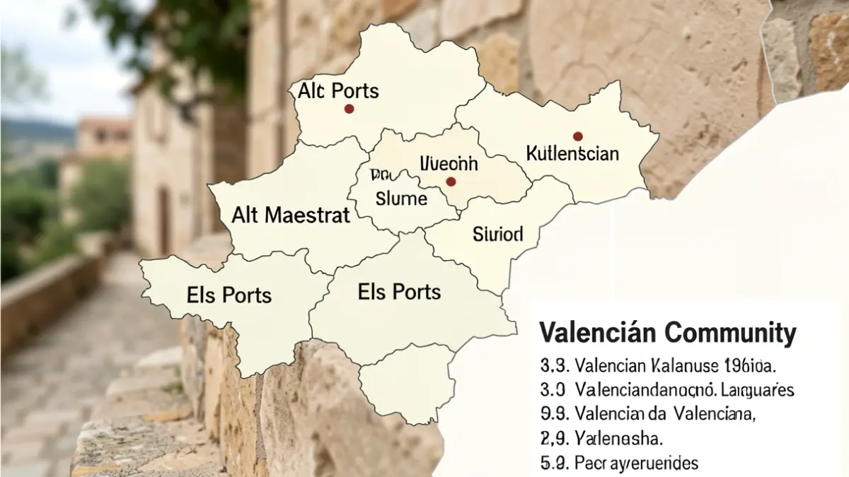 Mapa de la Comunitat Valenciana destacant les comarques de l'Alt Maestrat i Els Ports amb dades sobre la preferència pel valencià en l'educació.