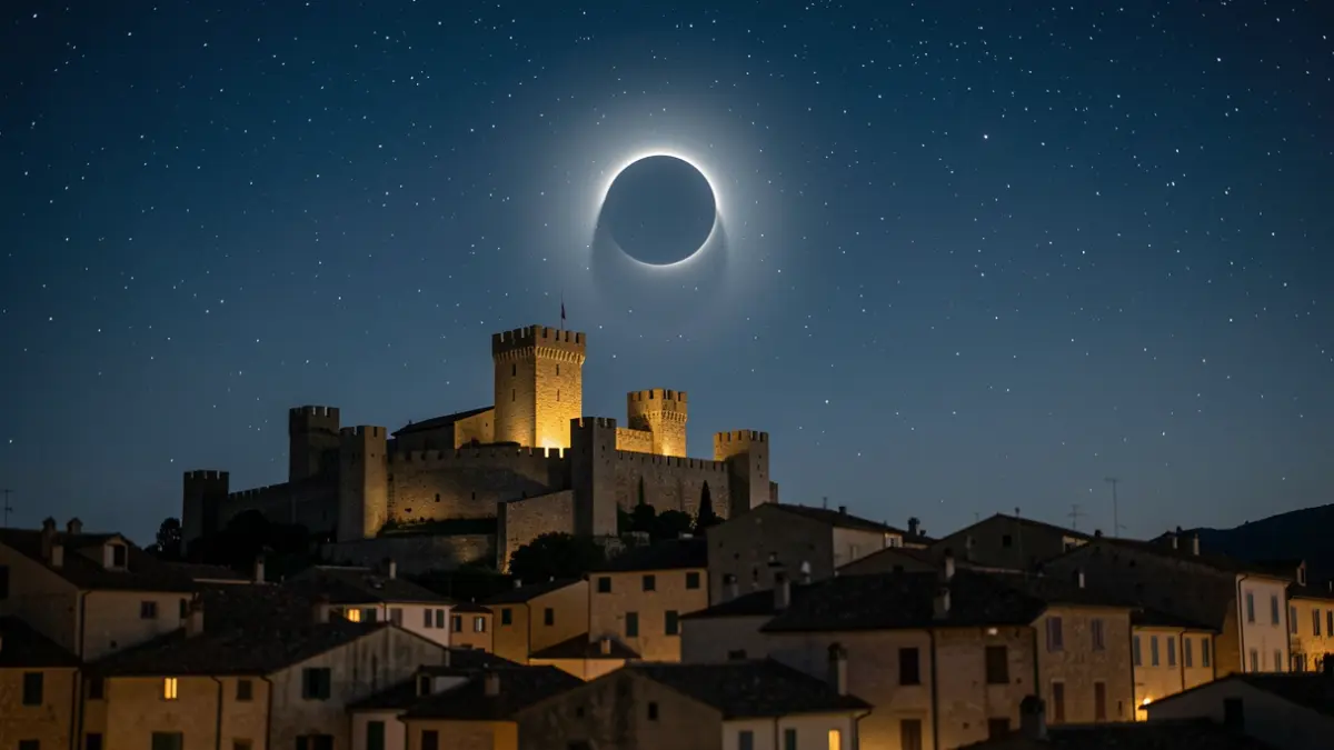 Image of the city of Morella illuminated at night under a starry sky, with the castle standing out.
