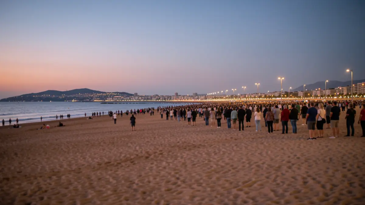 Imagen genérica de la playa de La Malva-rosa en Valencia durante el eclipse, con gente observando el cielo.