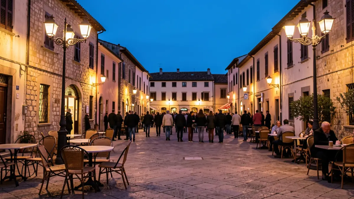 Imagen genérica de una plaza mediterránea al atardecer con alumbrado público.