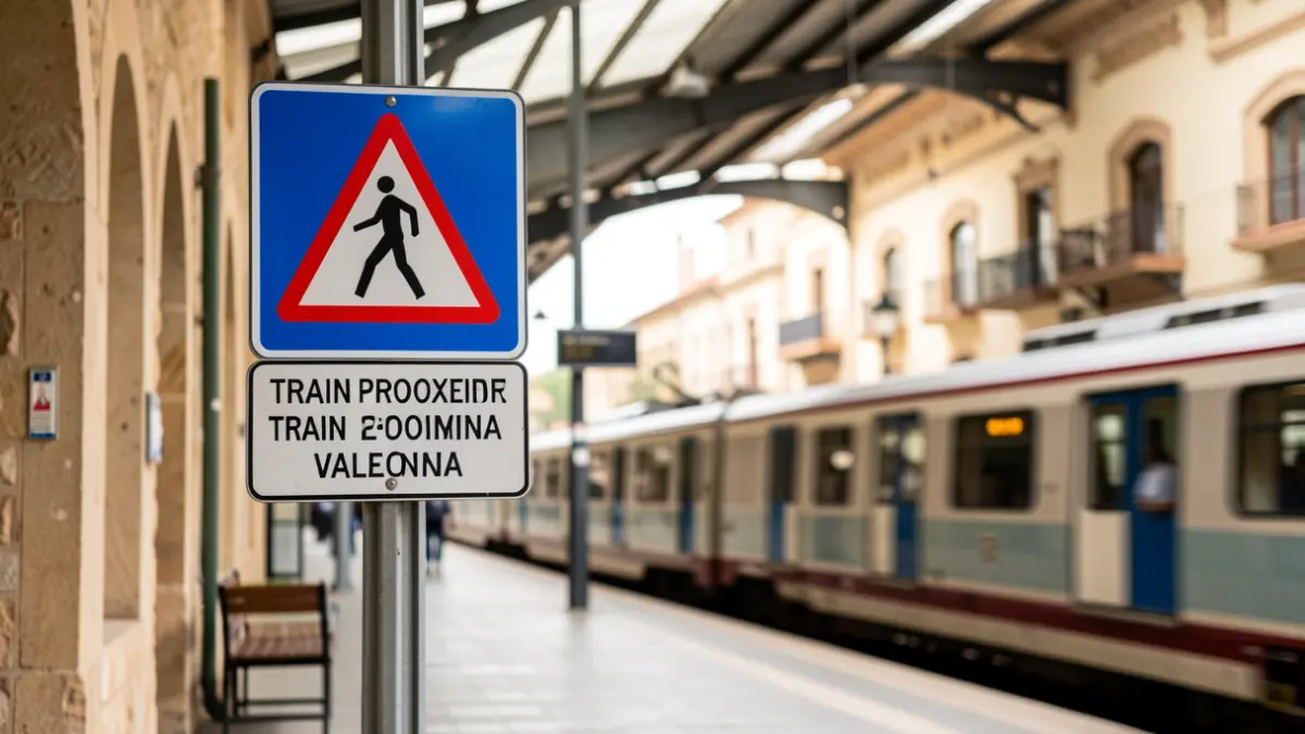 Señalización de advertencia en una estación de tren en L'Eliana.