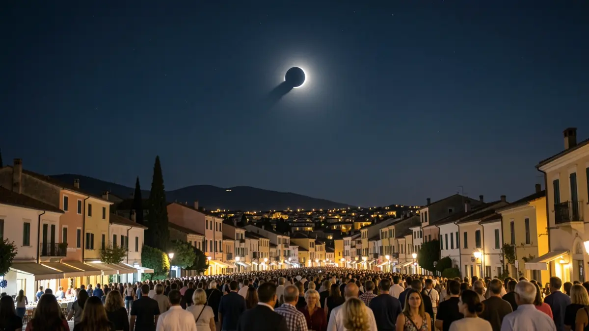 Imatge genèrica d'un cel nocturn amb un eclipsi solar parcial sobre un poble mediterrani.