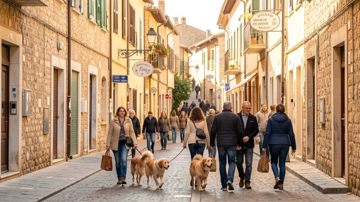 Imatge genèrica de carrers d'Alcoi amb ciutadans i gossos, informant sobre la normativa de benestar animal.