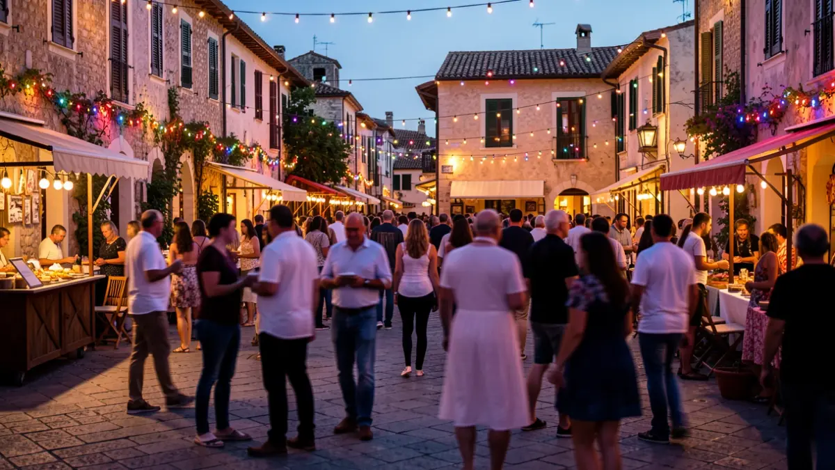 Imatge genèrica d'una plaça de poble mediterrani durant una festa nocturna, amb gent i llums.