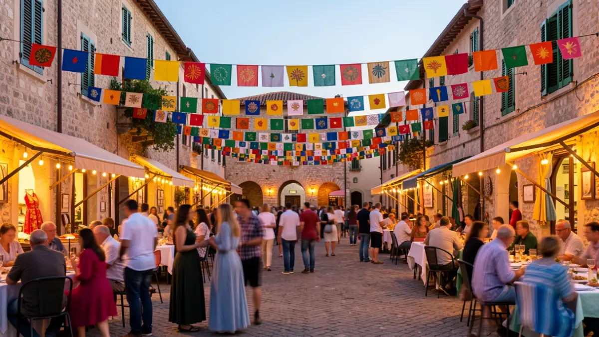 Imatge genèrica d'una plaça de poble valencià decorada per a una festa amb gent al fons.