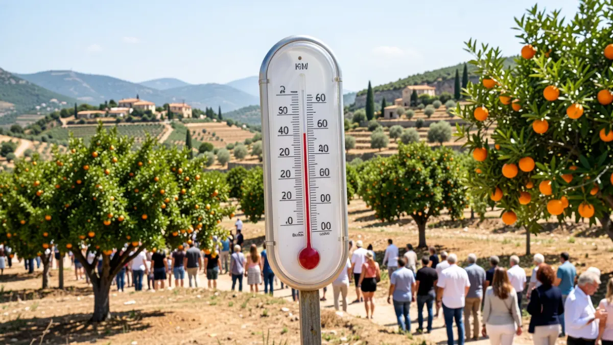 Imatge genèrica d'un termòmetre mostrant alta temperatura en un paisatge mediterrani.