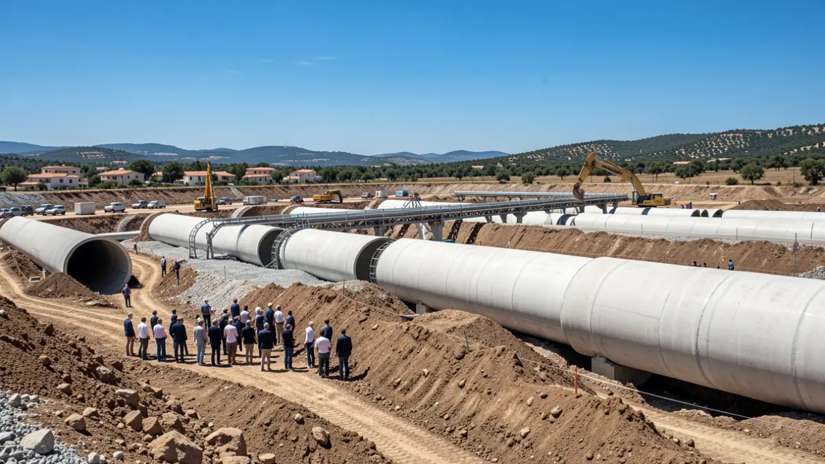Obres d'una gran infraestructura hidràulica en un paisatge mediterrani amb canonades de formigó.