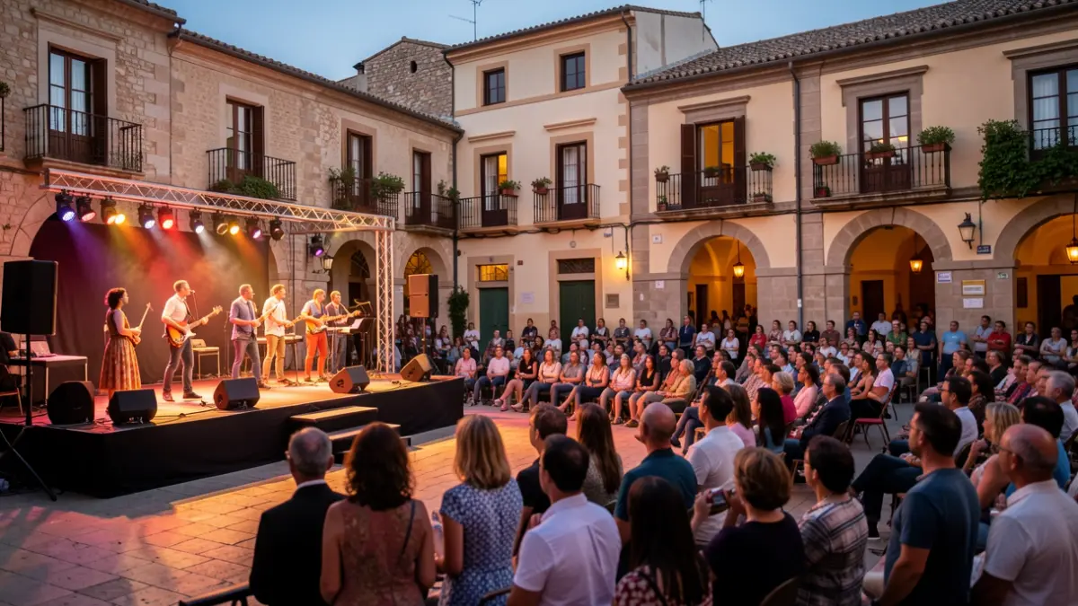 Imagen genérica de una representación teatral al aire libre en una plaza mediterránea.