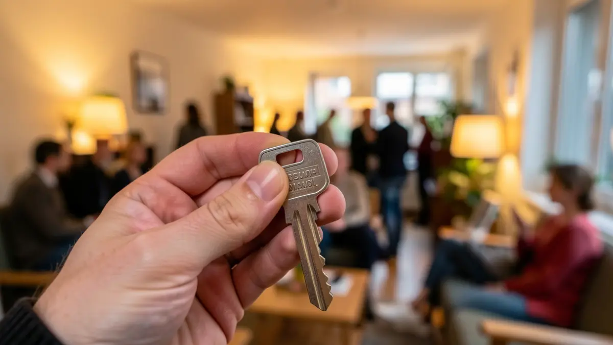 Generic image of a room key in close-up, with a blurred shared apartment interior in the background.